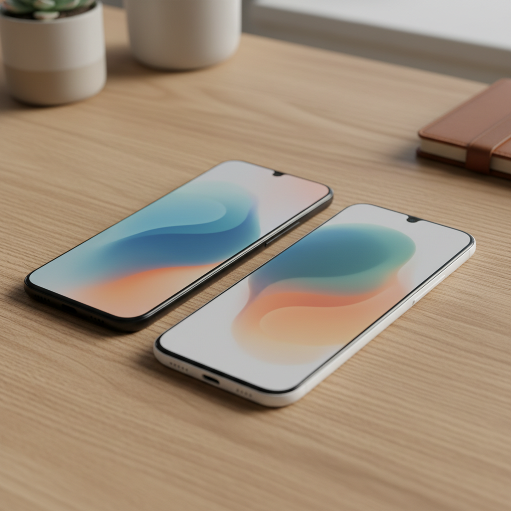 A sleek and modern smartphone with a notch design at the top of the display, shown in both black and white colors on a wooden desk with soft lighting, high quality lifestyle photography, 4:3