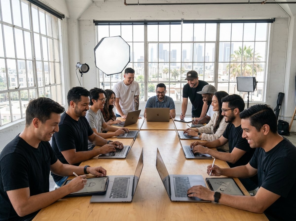 A group of creative professionals from diverse backgrounds working on MacBooks and iPads in a modern brightly lit studio in Los Angeles with professional lighting. 4:3