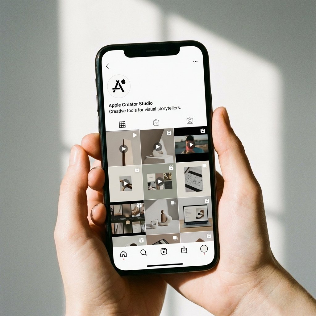 A hand holding a smartphone showing an Instagram profile page with a minimalist Apple Creator Studio logo and creative video posts in a clean aesthetic. 1:1