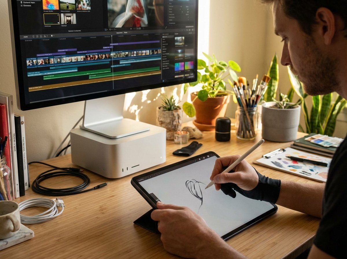 A digital artist using an Apple Pencil to draw on an iPad Pro with professional video editing software visible on a Mac Studio in the background. 4:3