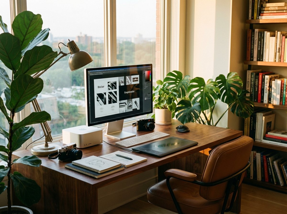 A stylish high-end workspace featuring a Mac Studio high-resolution monitor and creative tools with warm natural lighting and plants. 4:3