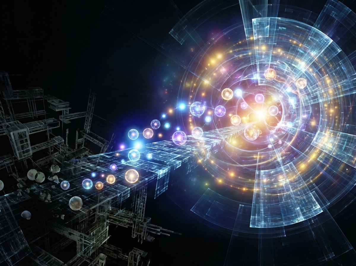 An abstract illustration representing the transition from old AI models to new ones. Glowing spheres of light representing data points moving from a dimmer area to a bright, vibrant area. Modern technology aesthetic, professional lighting. No text. 4:3