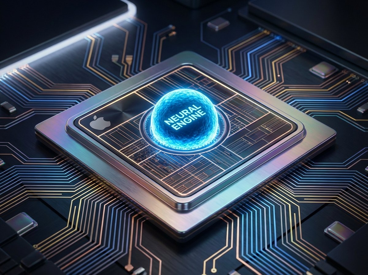 A high-tech visualization of Apple Silicon chip with a glowing Neural Engine core, futuristic circuit patterns, sleek metallic textures, professional lighting, 4:3