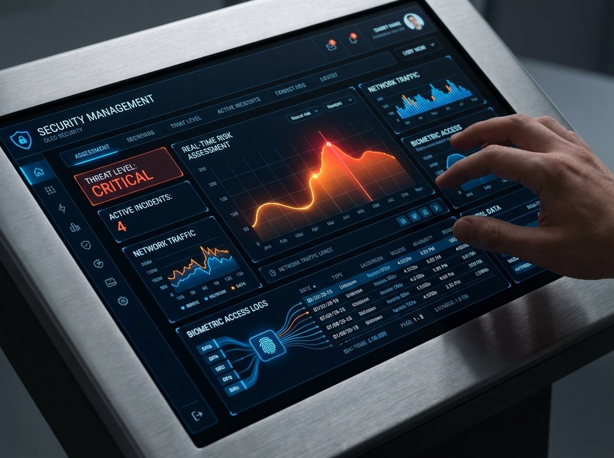 A close up of a modern security management dashboard with real-time risk assessment graphs and data visualizations, high contrast, clean UI design, 4:3