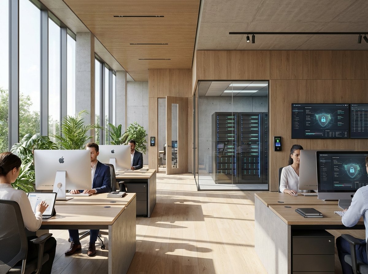 A bright modern office interior with professionals using iMacs and iPads, a sense of security and organized technology, natural lighting, high quality photography, 4:3