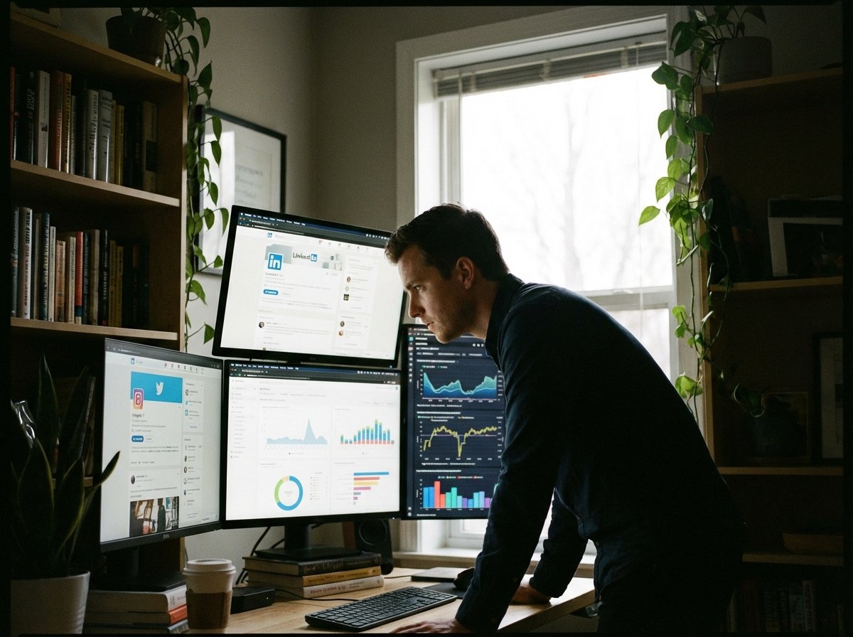 A person in a dimly lit room looking at multiple computer monitors displaying various social media profiles and data analysis charts. Natural lighting, professional setting. 4:3