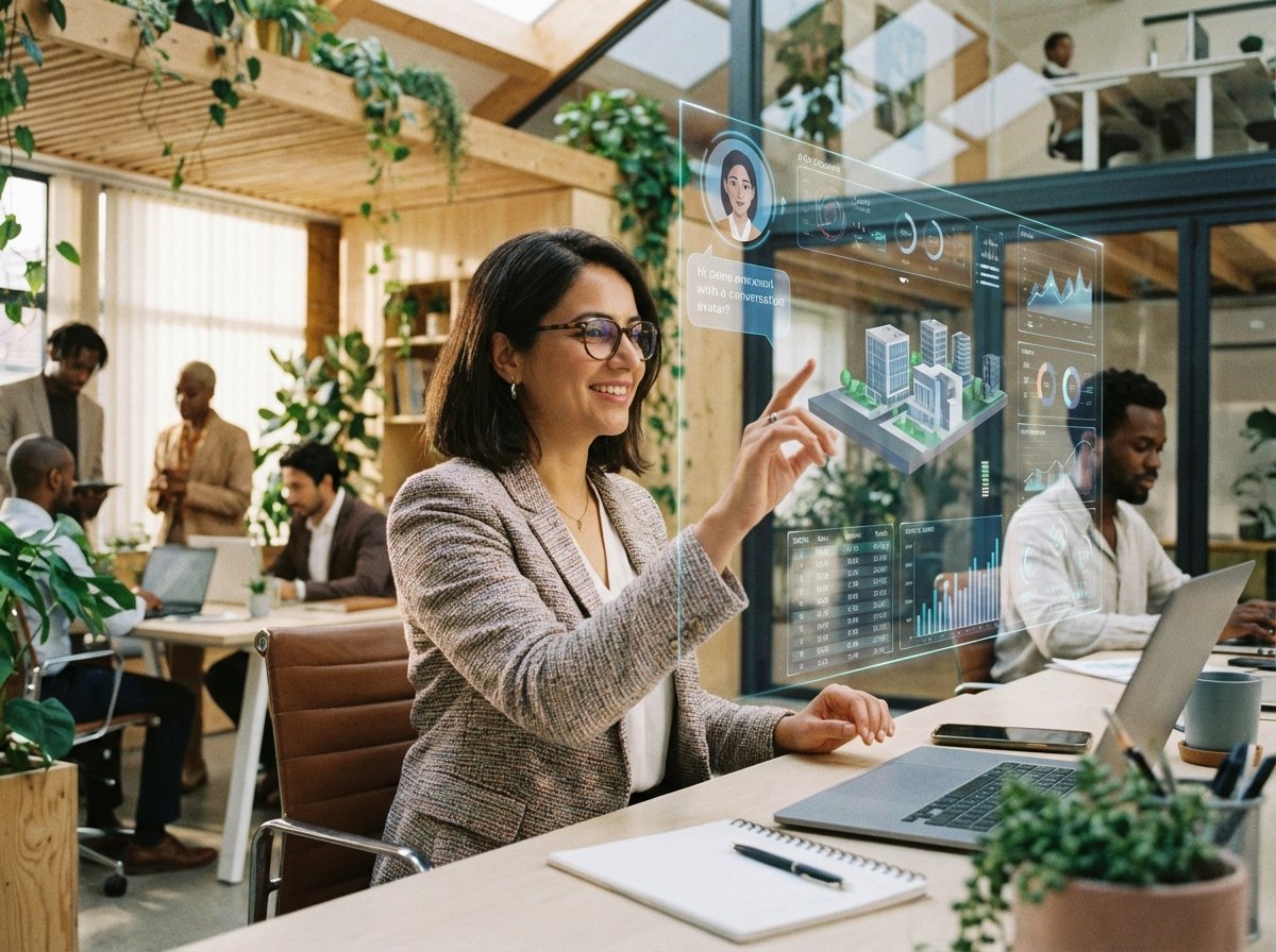 A modern professional person working naturally with a holographic AI interface in a bright office environment, symbolizing collaboration and productivity, high-tech but approachable atmosphere, 4:3