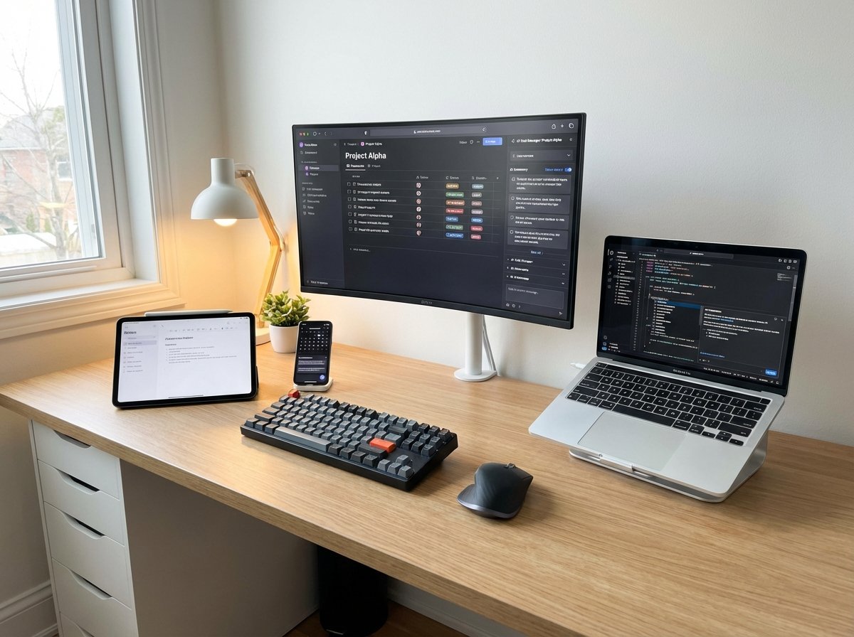 A clean and organized desk with multiple digital devices showing various productivity software icons and AI-assisted task bars, bright and balanced lighting, 4:3