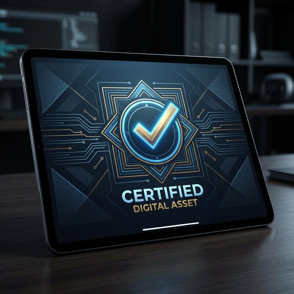 A sleek digital certificate icon displayed on a tablet screen with a glowing checkmark, sophisticated and professional graphic design, high contrast, 1:1