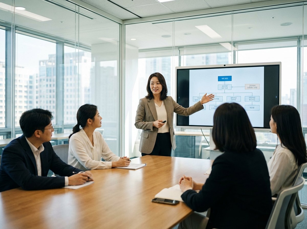 A confident Korean professional presenting ideas in a modern conference room, looking composed and prepared, professional office setting, realistic and detailed composition, 4:3