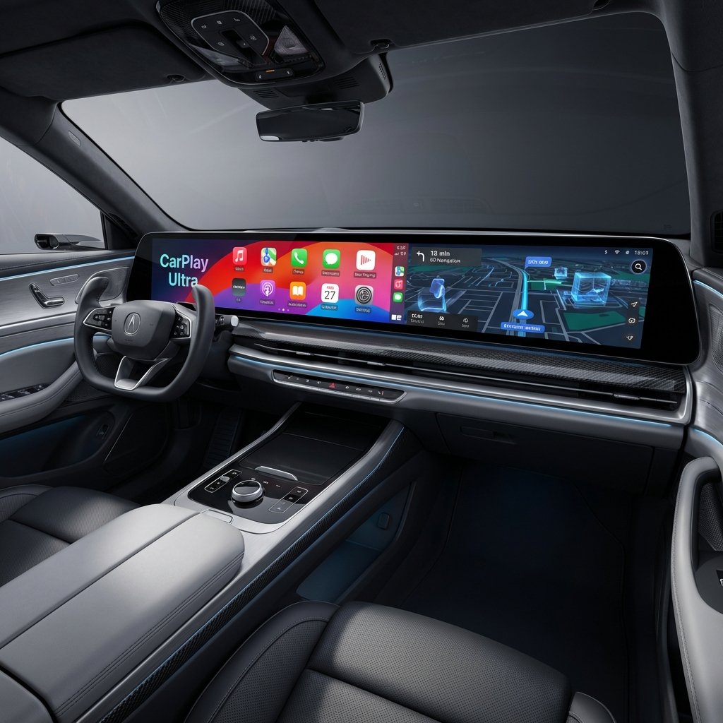 A futuristic car interior dashboard featuring a wide panoramic digital display showing CarPlay Ultra interface with vibrant app icons and navigation, sleek and modern cabin design, high-quality rendering, 1:1