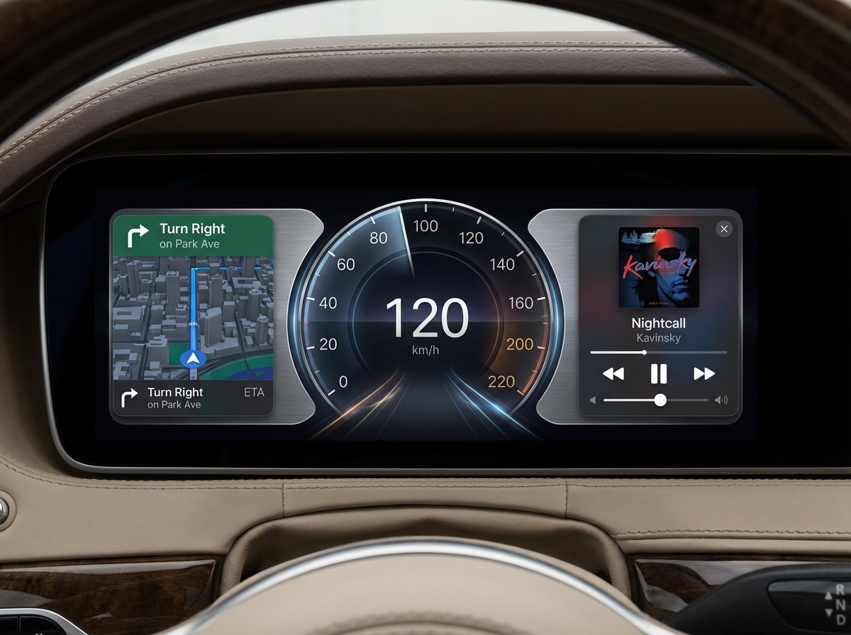 A detailed view of a car digital instrument cluster displaying CarPlay Ultra with speed, maps, and music widgets, elegant typography, modern automotive UI design, 4:3