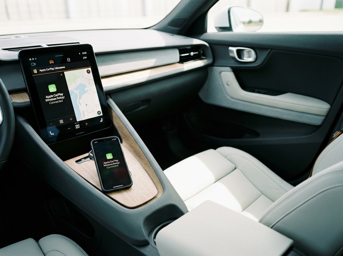 A smartphone placed near a car central touchscreen showing a seamless wireless connection setup for CarPlay, clean minimalist interior, soft daylight, 4:3