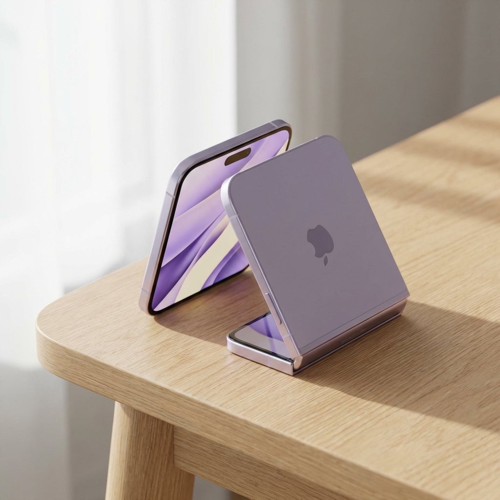 A sleek and modern concept design of a square clamshell-style iPhone Flip in a lavender color, partially folded on a minimalist wooden table, high-quality product photography, soft natural lighting, 1:1