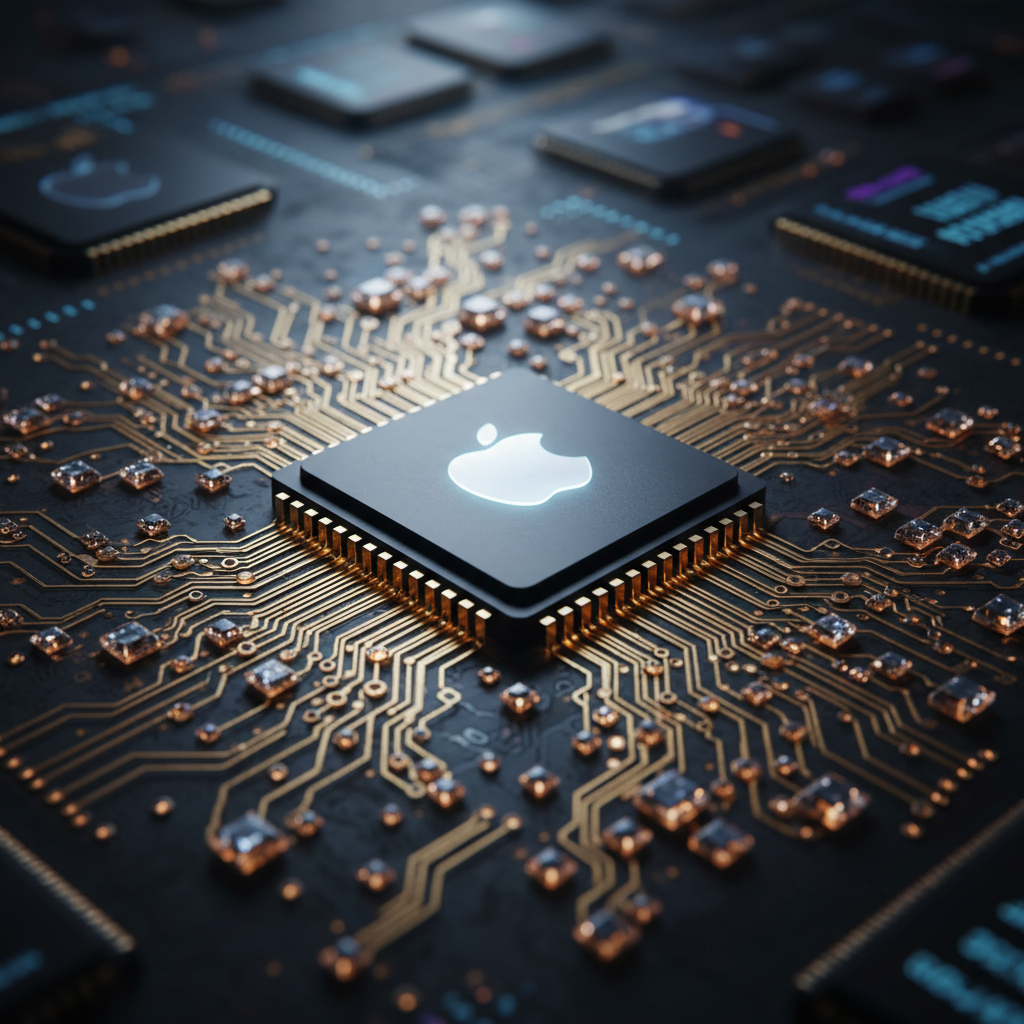 A futuristic high-tech semiconductor chip with a subtle glowing Apple logo, integrated into a complex golden circuit board, cinematic lighting, shallow depth of field, 4:3
