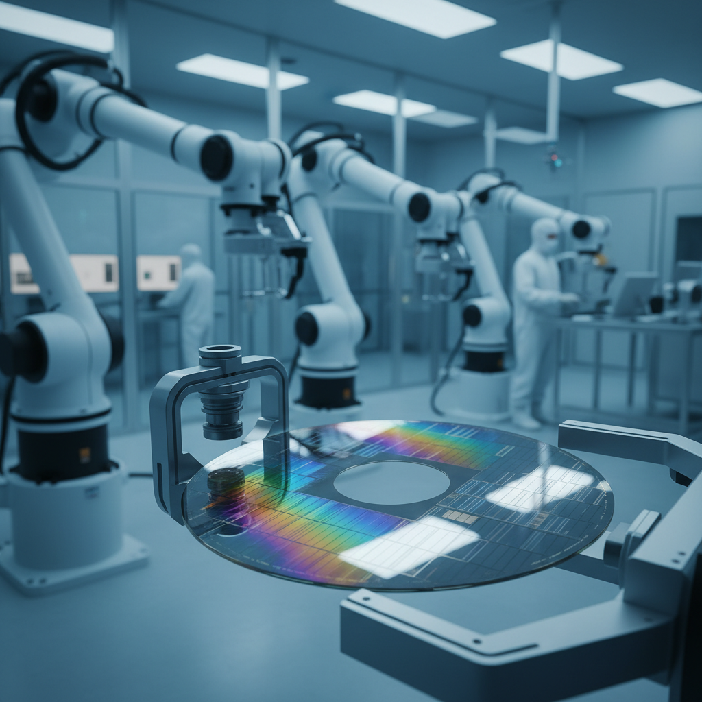 Close-up of a shimmering silicon wafer in a high-tech cleanroom laboratory, blue and silver lighting, robotic arms in background, 4:3