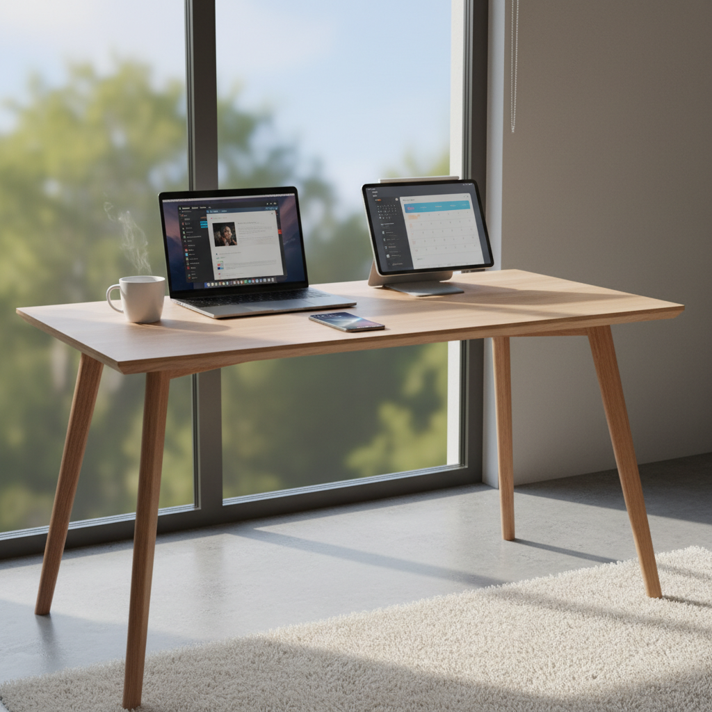 A sleek modern desk with an iPhone, iPad, and MacBook Pro, soft natural morning light from a window, clean minimalist aesthetic, 4:3