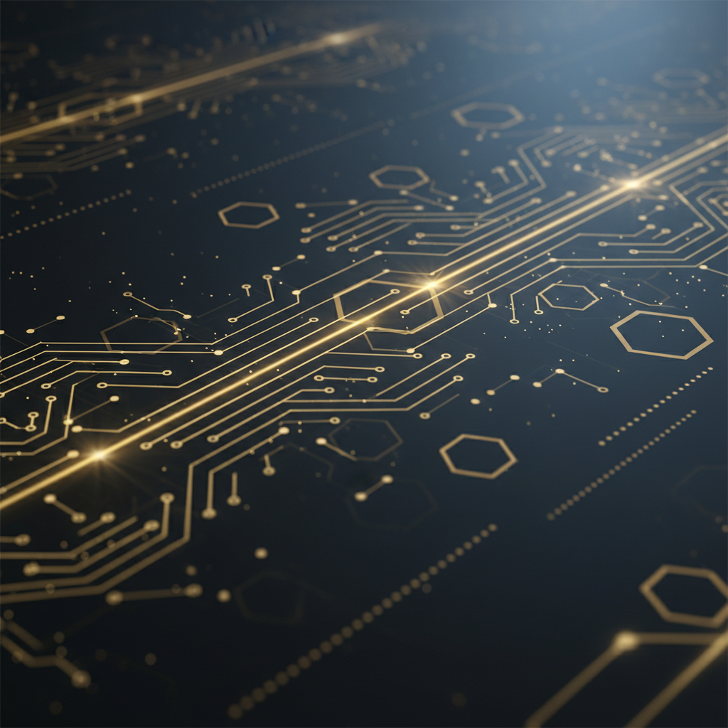 Abstract digital background with glowing golden circuit patterns and neural network lines, high-tech elegance, sophisticated atmosphere, 4:3