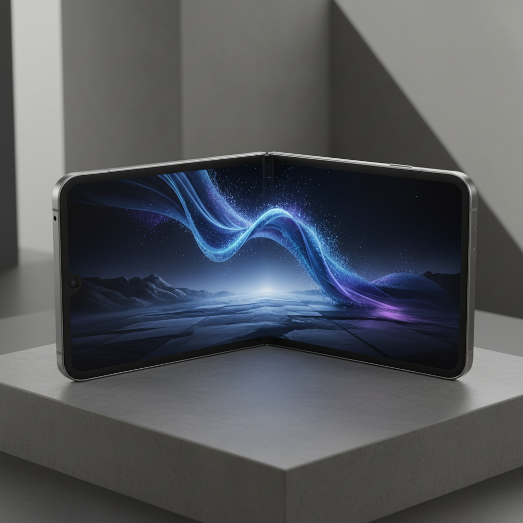 A sleek and modern foldable smartphone with a seamless large display, minimalist design, professional studio lighting, sophisticated look, 4:3