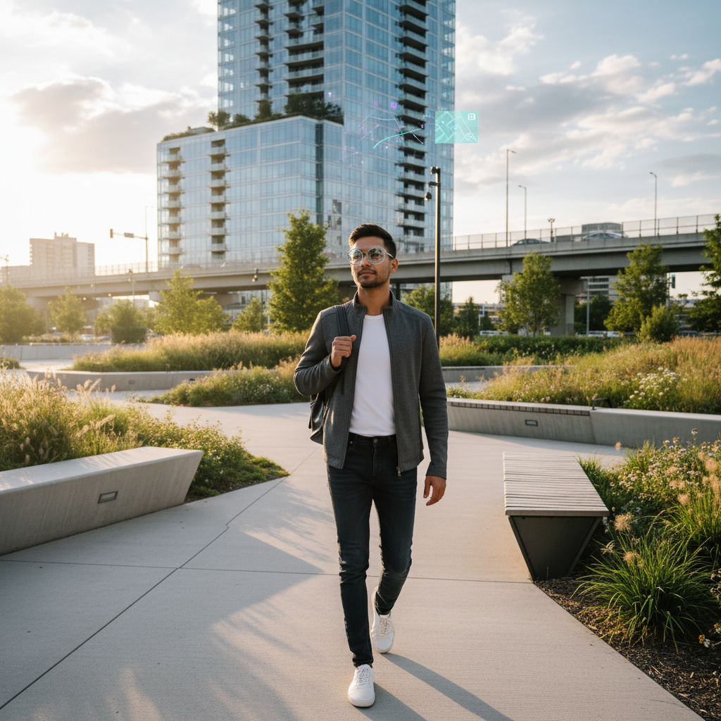 A person wearing stylish and slim smart glasses with subtle digital overlays in a modern urban park, high quality, 4:3
