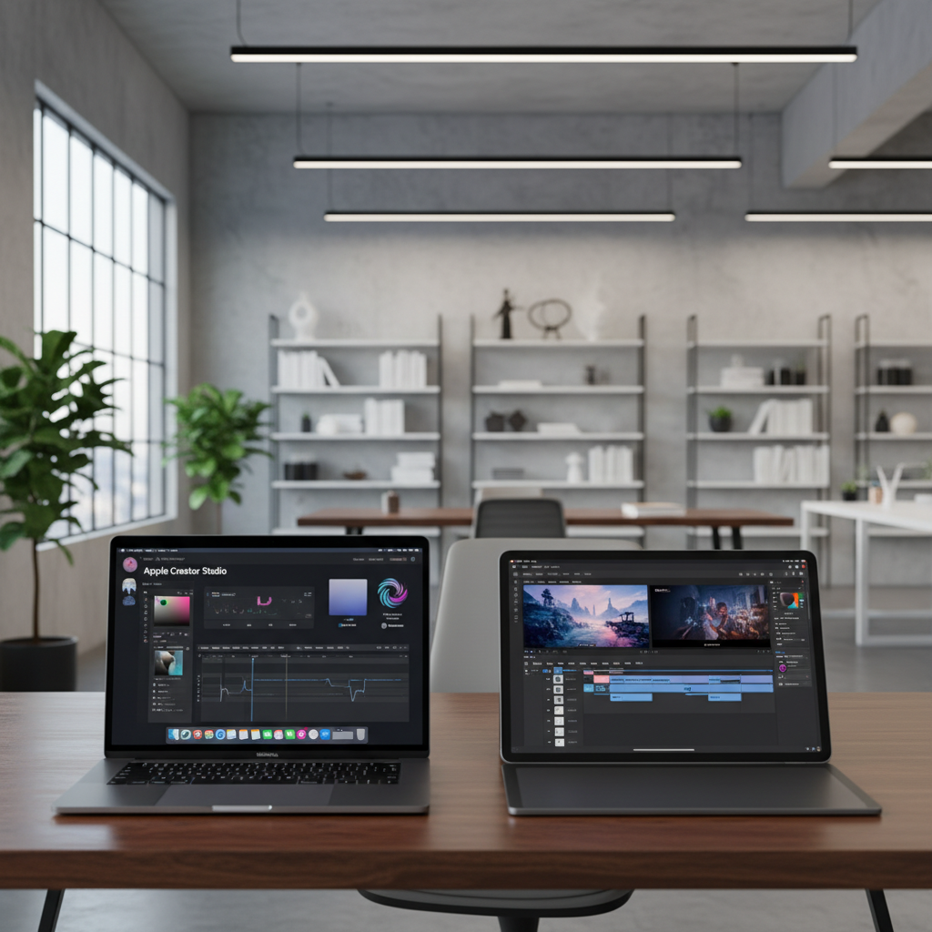 A professional workspace featuring a sleek MacBook Pro and an iPad Pro on a wooden desk. On the screens, two different creative software interfaces are displayed side-by-side representing Apple Creator Studio and Adobe Creative Cloud. The background is a modern, brightly lit designer studio with soft aesthetic lighting. No text. 4:3