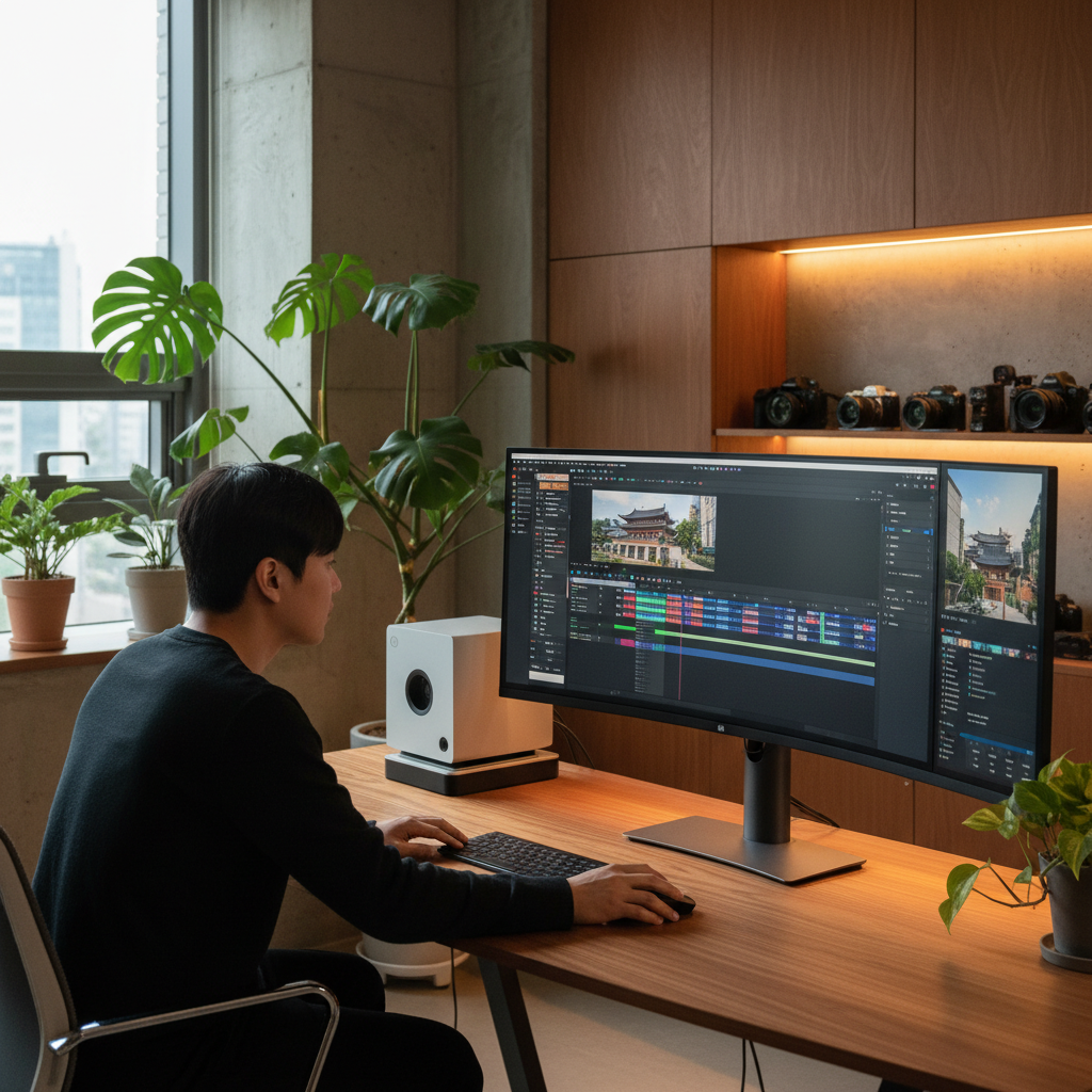 A Korean male creator in his late 20s focused on editing a high-quality 4K video on a large monitor connected to a Mac Studio. The interface of the video editing software looks intuitive and smooth. The room is decorated with warm ambient lights and indoor plants. High contrast and modern layout. 4:3