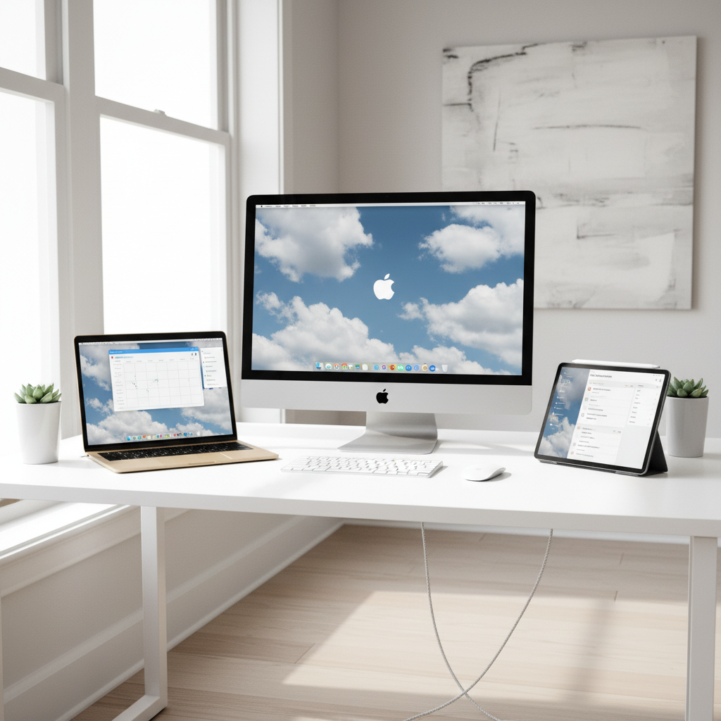A clean and organized minimalist white desk featuring an iMac, a MacBook Air, and an iPad Pro. All devices are seamlessly integrated within the Apple ecosystem. Natural sunlight streams through a large window, creating a bright and productive atmosphere. High contrast, high resolution. 4:3
