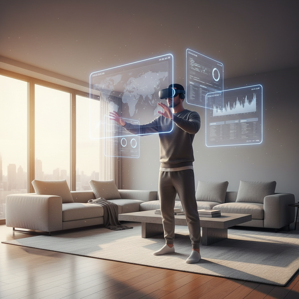 A person wearing an Apple Vision Pro headset in a modern minimalist living room, interacting with floating digital screens, cinematic lighting, realistic photography, high resolution, 4:3