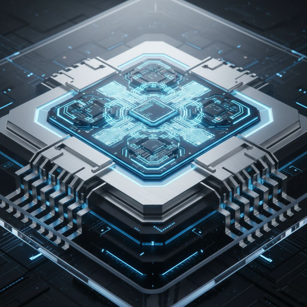 High tech M5 chip architecture, glowing circuits, metallic textures, futuristic hardware design, blue and silver color palette, 4:3