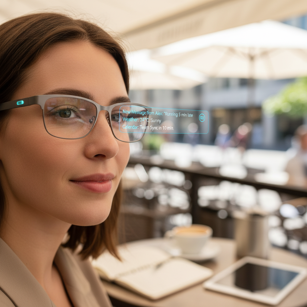 Slim and stylish smart glasses with transparent lenses, subtle tech elements, floating digital notifications in front of the lens, lifestyle photography, natural daylight, 4:3
