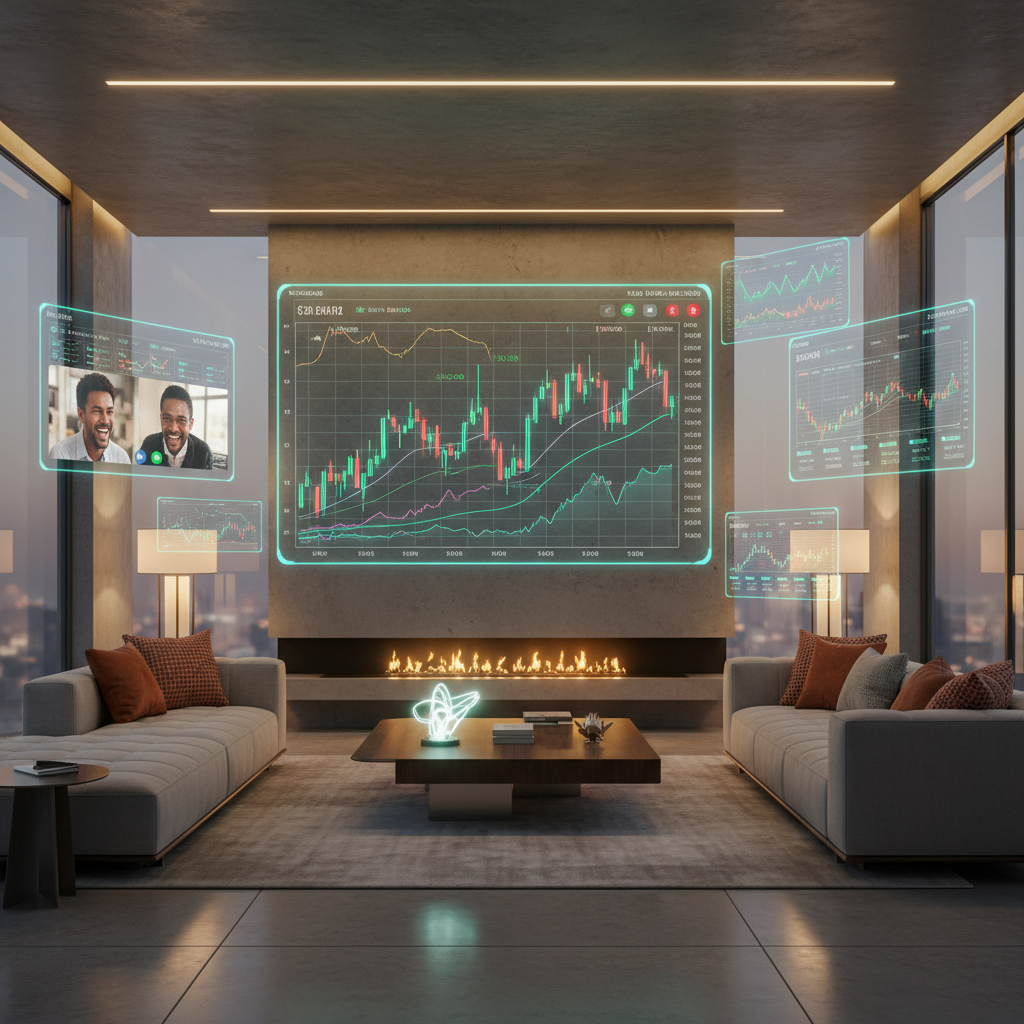 A modern living room where multiple virtual windows are floating in the air, showing stock charts and video calls, high contrast, warm interior lighting, detailed composition, 4:3