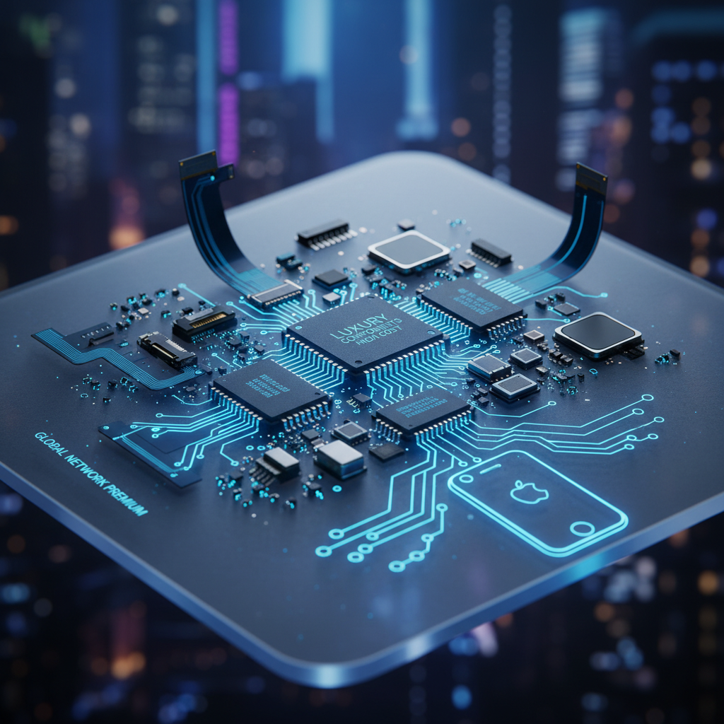 Modern smartphone components and memory chips with futuristic blue lighting symbolizing high iPhone price and supply chain 4:3