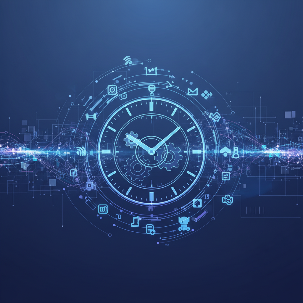 A conceptual illustration of a clock and digital code icons moving in a rhythmic pattern, representing background automation. Soft blue and purple gradient background, professional and futuristic aesthetic. 4:3