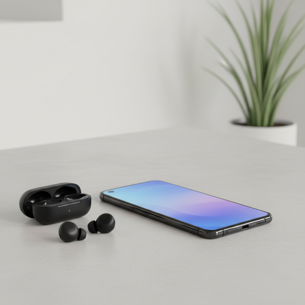 깔끔한 테이블 위에 놓인 스마트폰