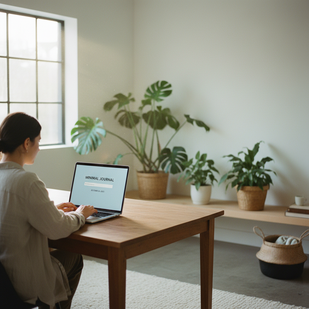 A calm and peaceful scene of a person using a computer in a minimalist room. The screen shows a very simple and clean webpage with no popups or sidebars. Soft natural light coming from a window, plants in the background, high quality photography. 1:1