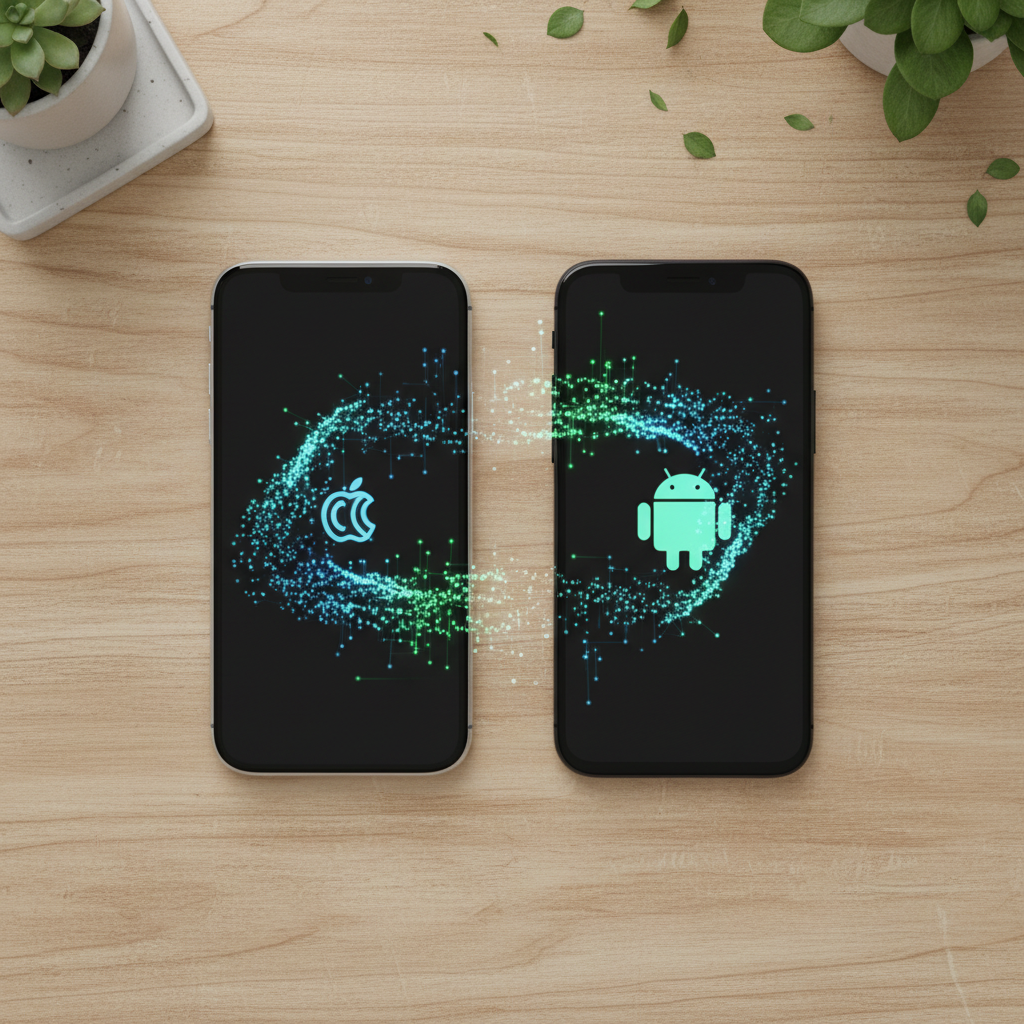 아이폰과 안드로이드 기기 간 데이터 전송 장면