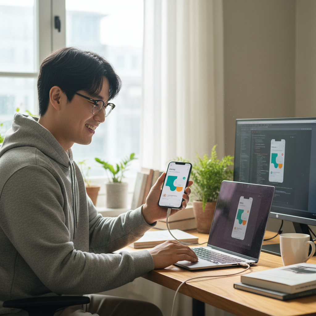 개발자가 완성된 앱을 확인하며 만족해하는 장면