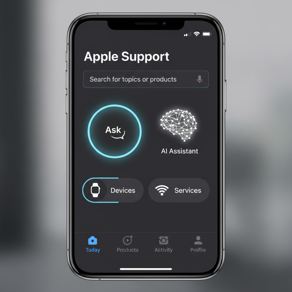 아이폰 화면에서 실행 중인 애플 지원 앱의 현대적인 인터페이스