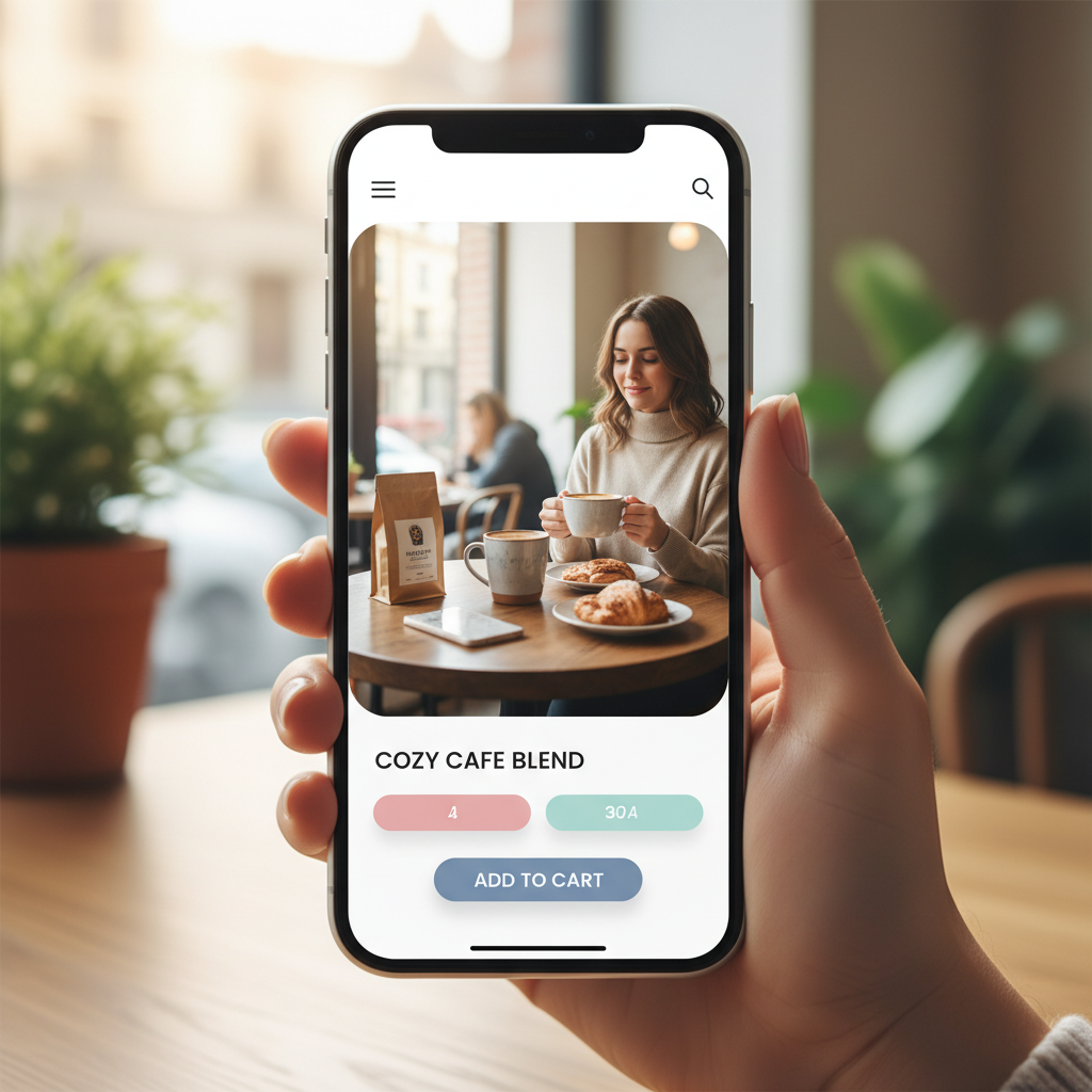 세련된 모바일 쇼핑몰 화면과 제품 레이아웃