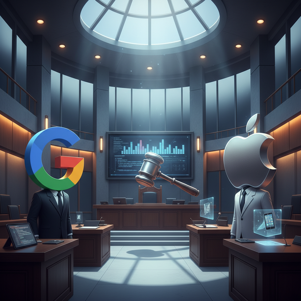 법원 판결을 기다리는 구글과 애플의 로고가 있는 디지털 배경