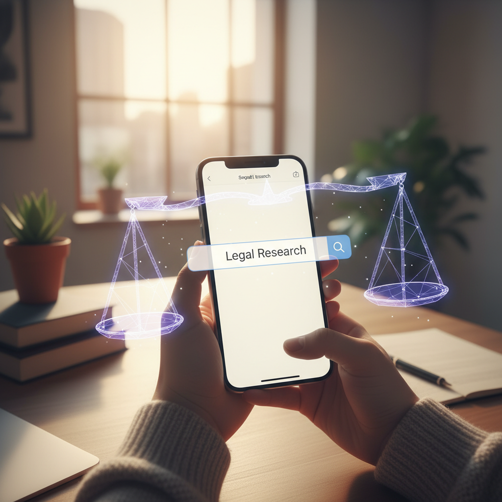 아이폰 화면에 떠 있는 검색창과 법적 규제를 상징하는 그래픽
