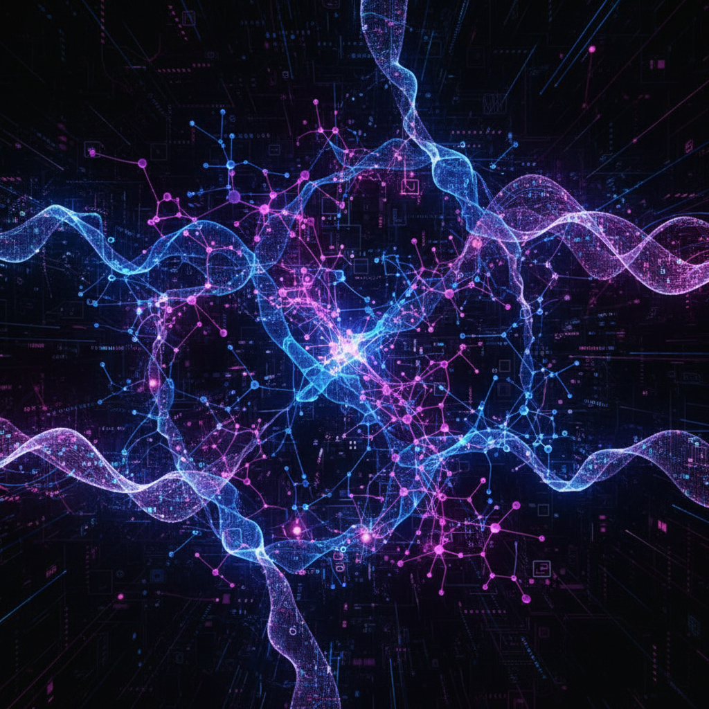 복잡한 데이터 스트림과 인공지능 신경망이 결합된 추상적 배경