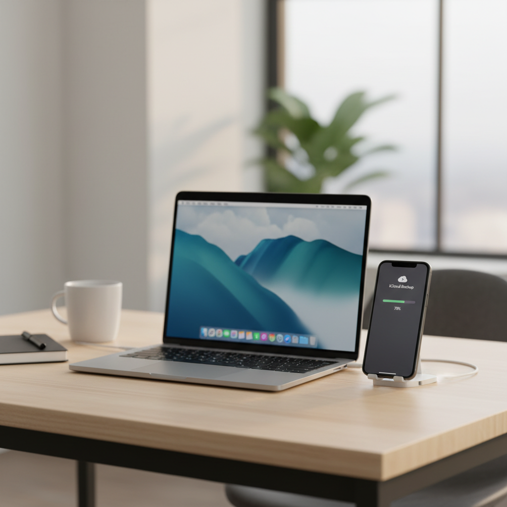 아이클라우드 백업을 진행 중인 아이폰과 노트북