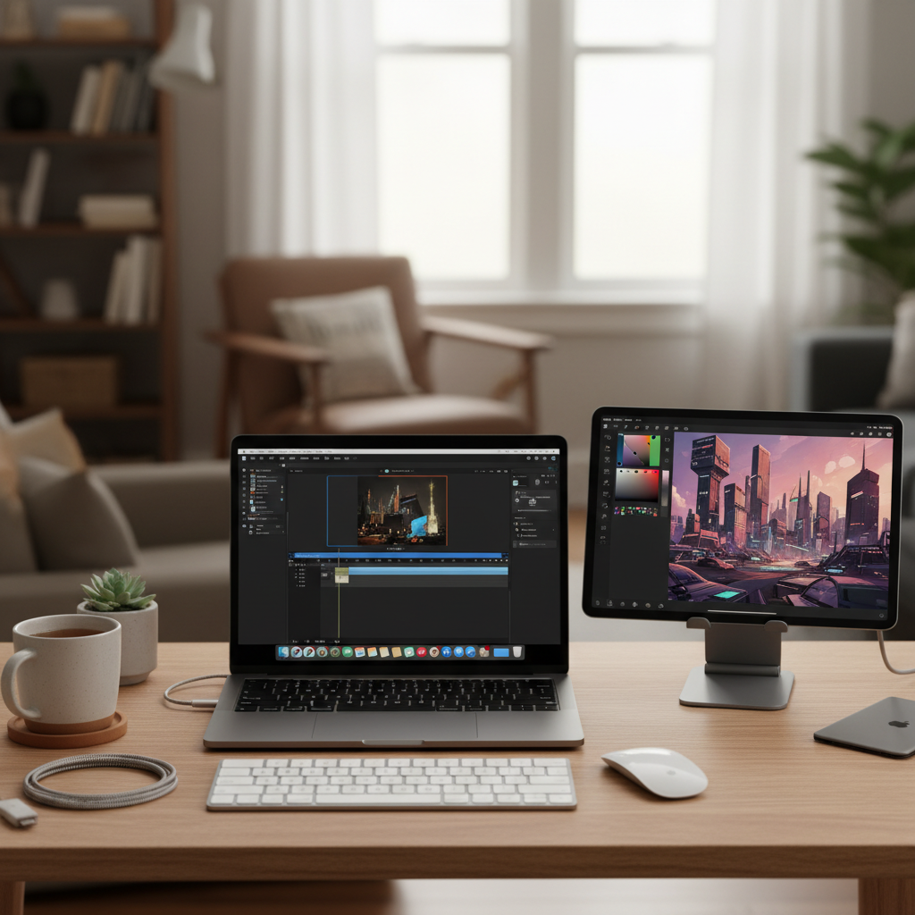 맥북 옆에 놓인 아이패드의 사이드카 화면