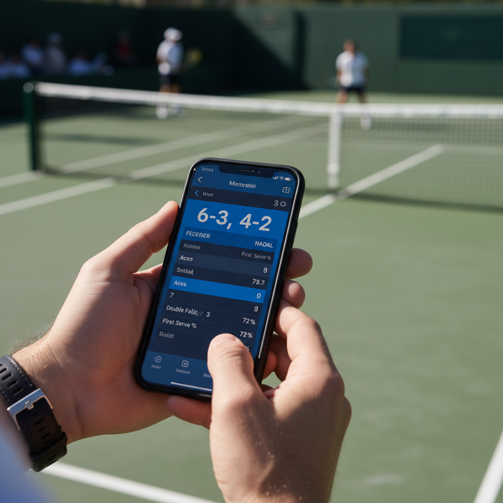테니스 경기 중 스마트폰으로 실시간 통계를 확인하는 모습