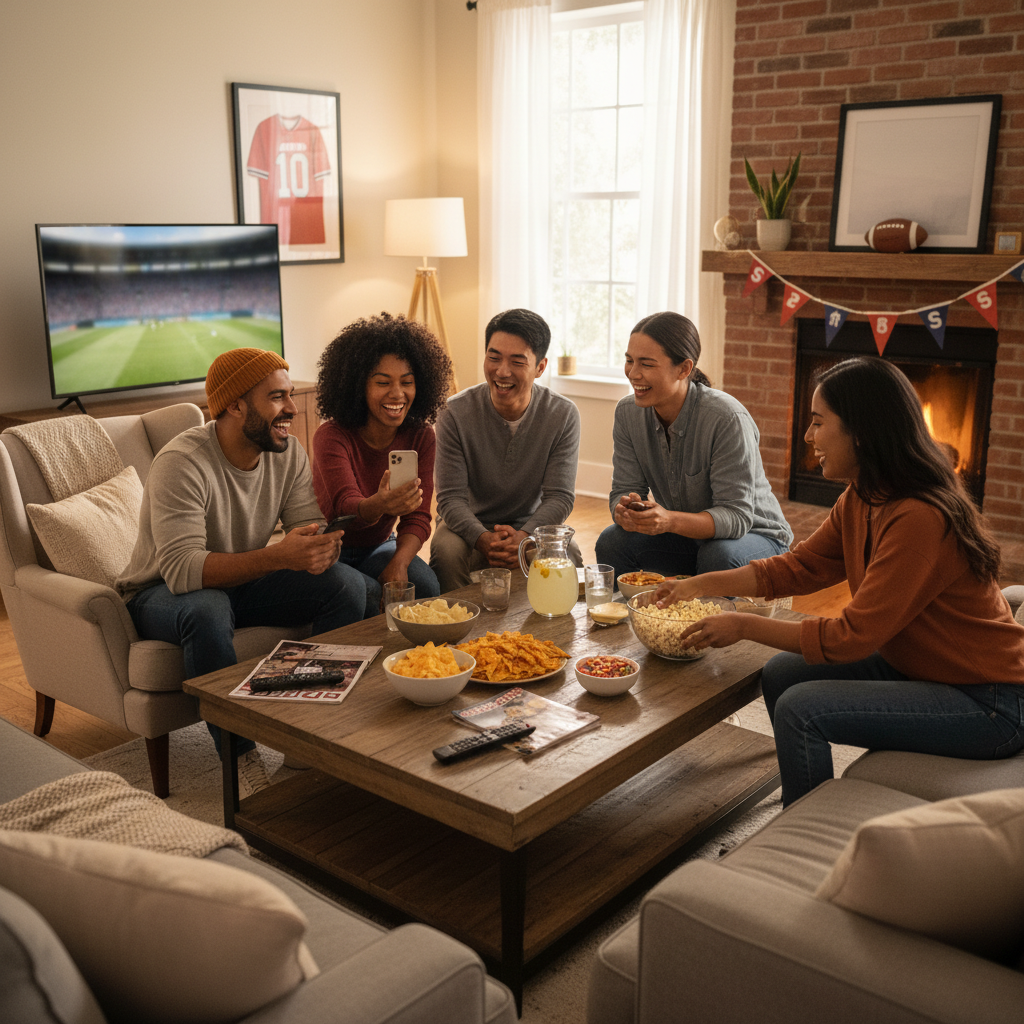 거실에서 슈퍼볼 파티를 준비하며 즐거워하는 친구들