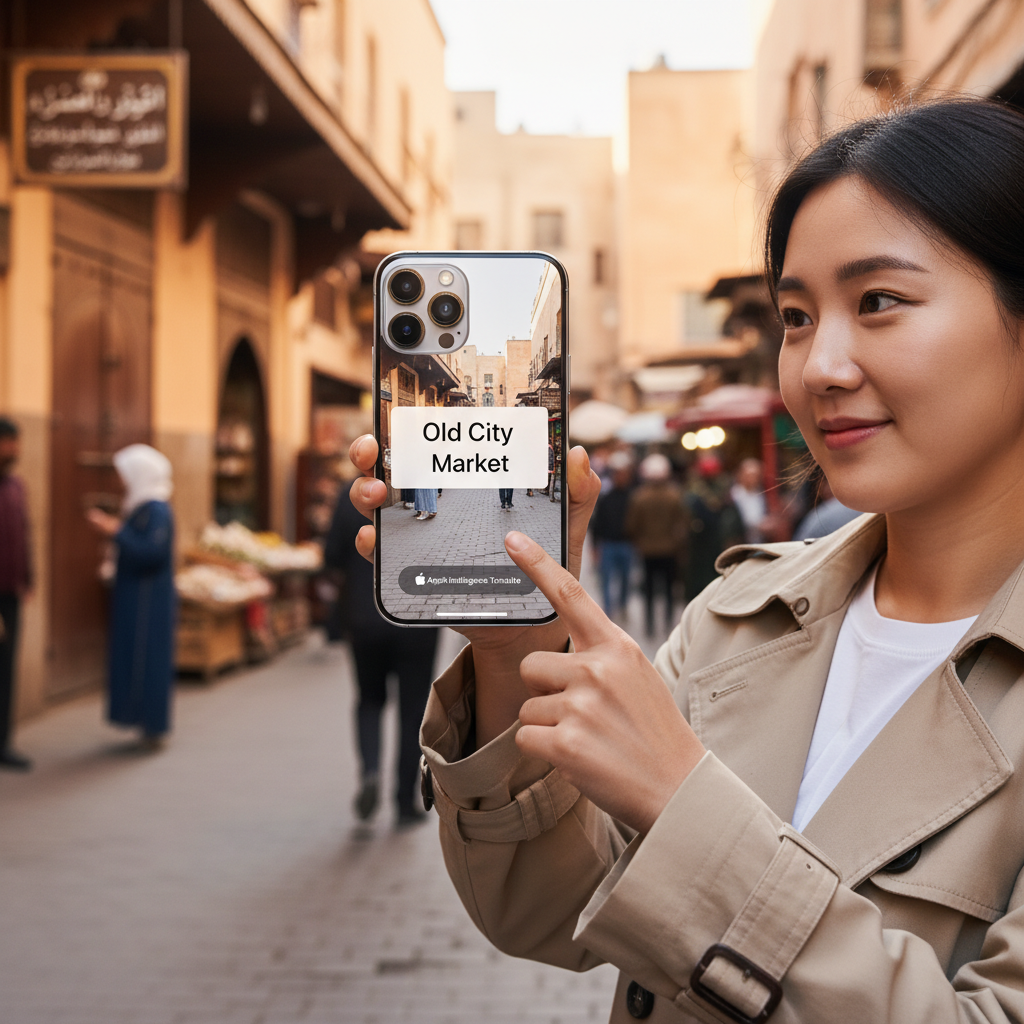 아이폰으로 거리의 표지판을 스캔하며 시각 지능 기능을 활용하는 사용자