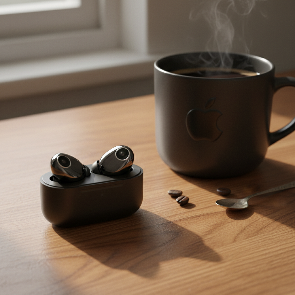 카메라 렌즈가 탑재된 새로운 형태의 에어팟 프로 컨셉 디자인