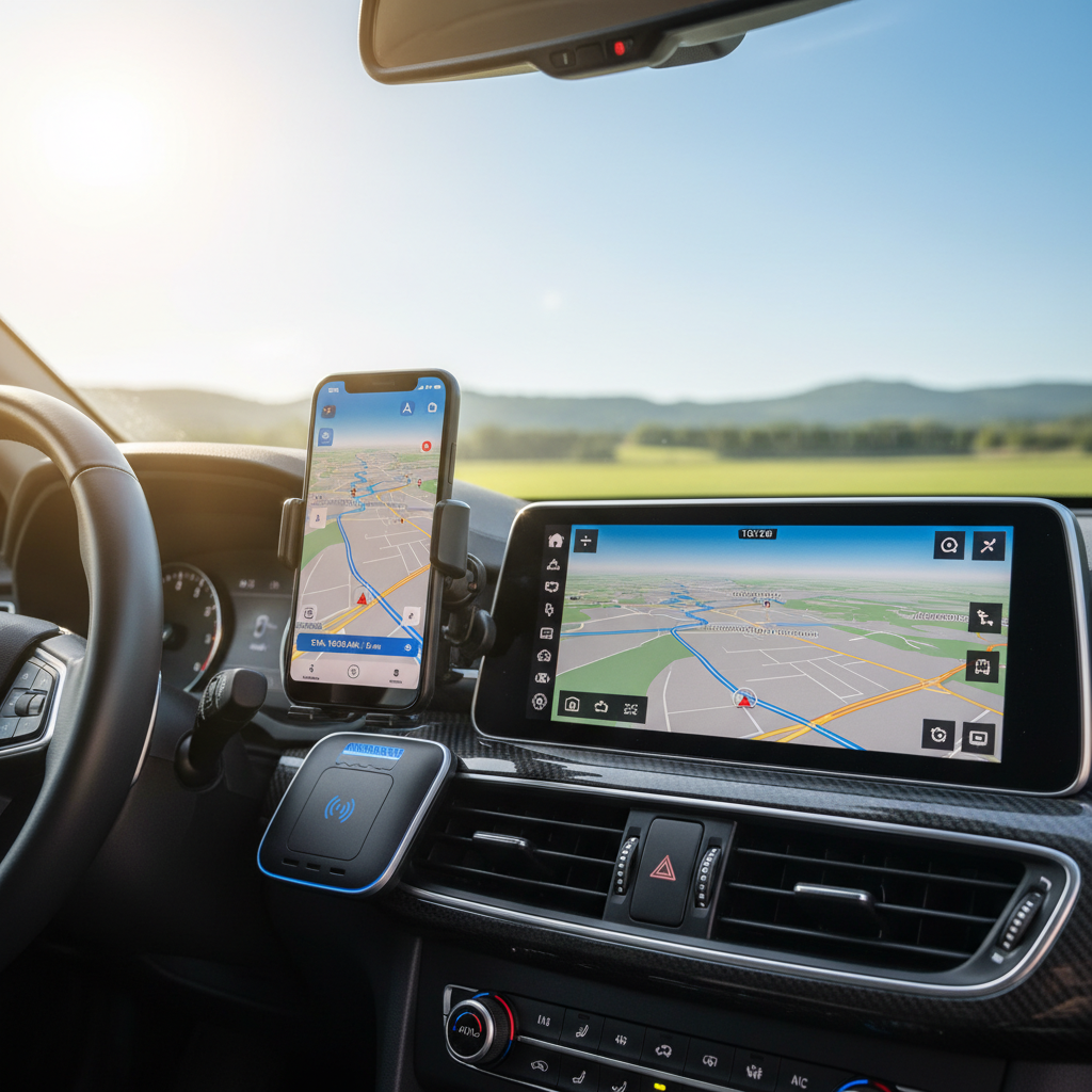 도로 위에서 스마트폰과 차량이 연결된 모습