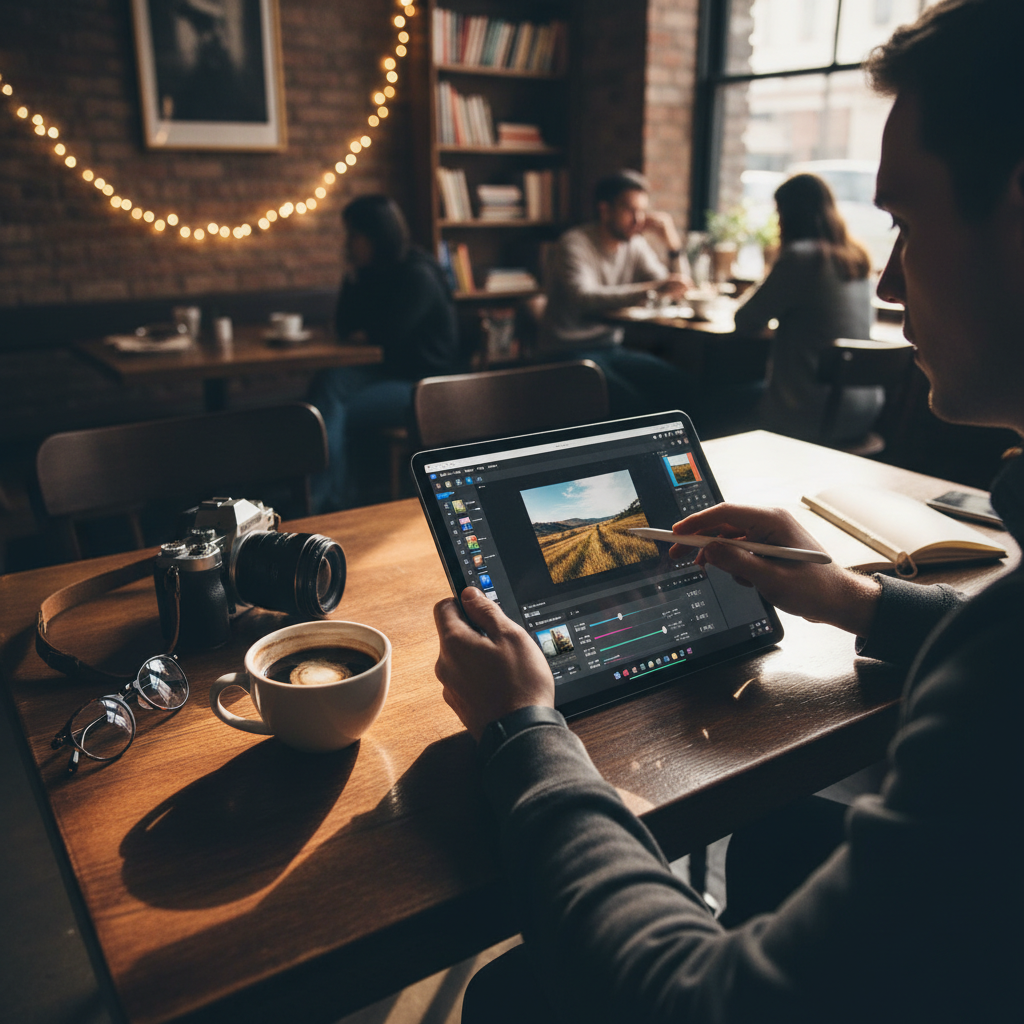 고풍스러운 카페에서 아이패드로 사진 작업을 하는 모습
